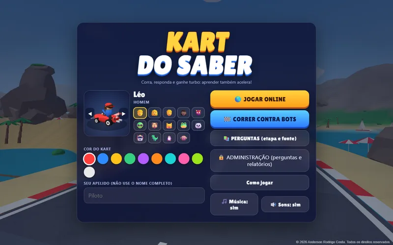 Tela inicial do jogo Kart do Saber