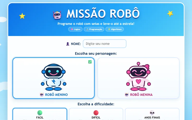 Tela inicial do jogo Missão Robô