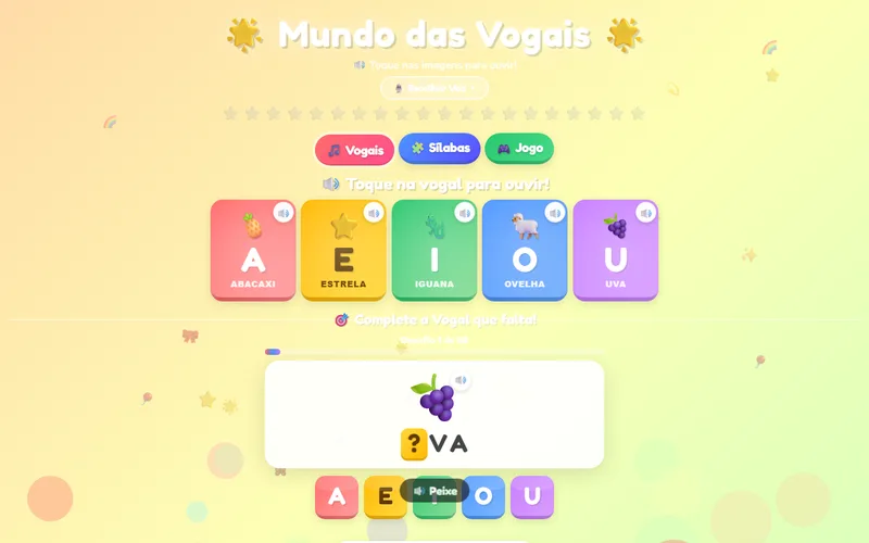 Tela inicial do jogo Mundo das Vogais